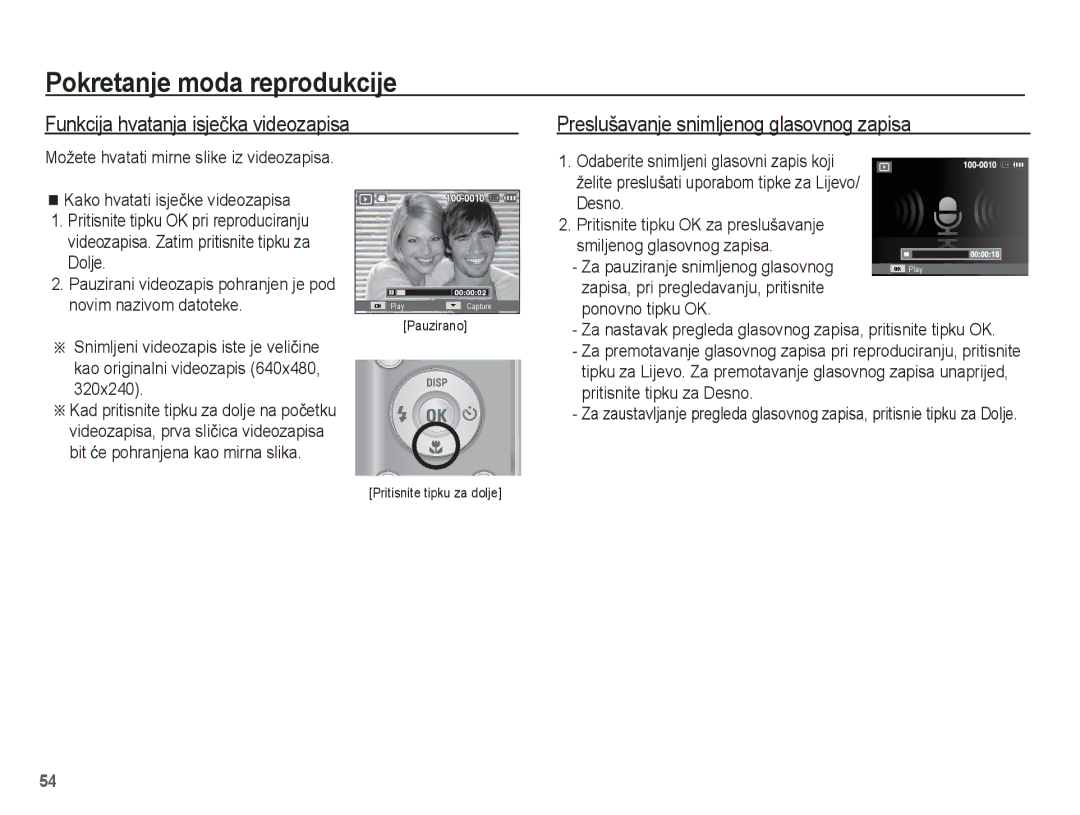 Samsung EC-ES17ZZBAPE3, EC-ES17ZZBAWE3 Funkcija hvatanja isjeþka videozapisa, Preslušavanje snimljenog glasovnog zapisa 