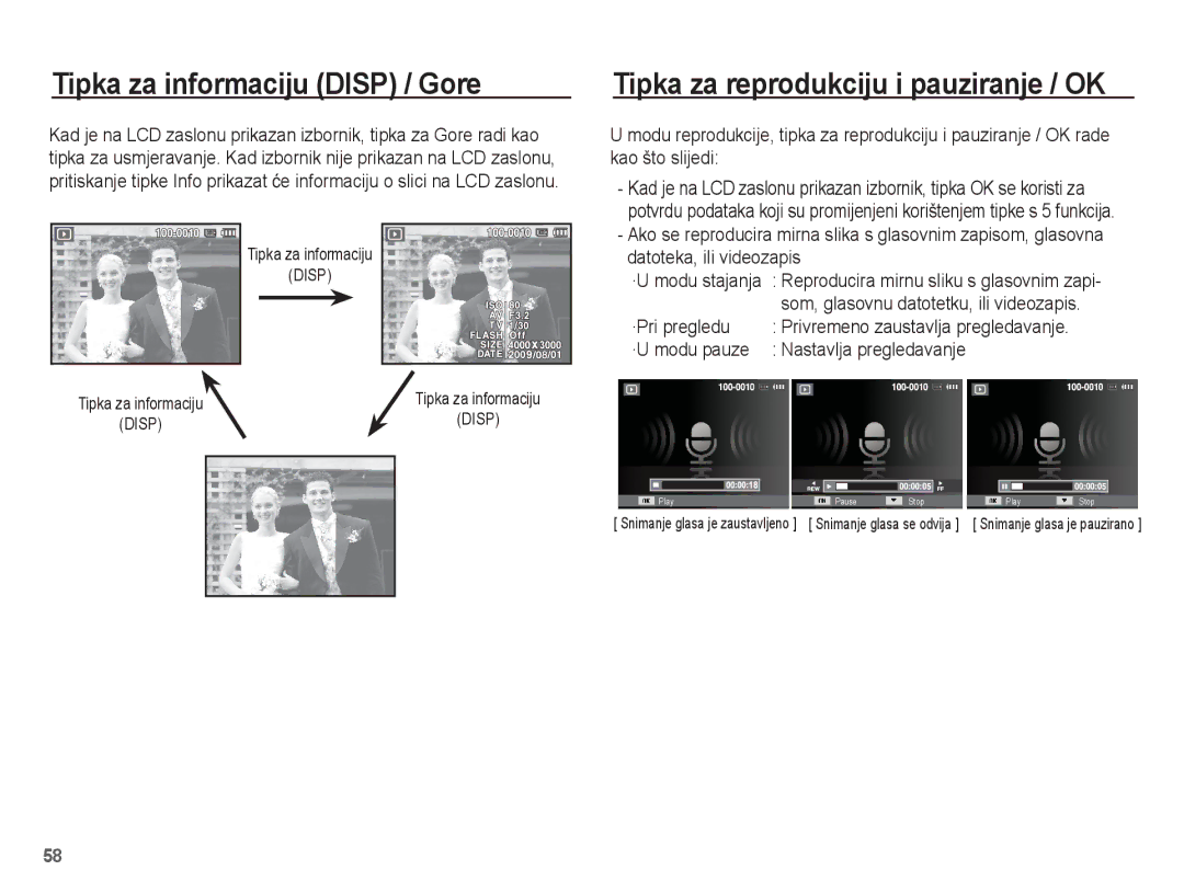 Samsung EC-ES17ZZBAPE3 manual Tipka za informaciju Disp / Gore, Tipka za reprodukciju i pauziranje / OK, ·Pri pregledu 