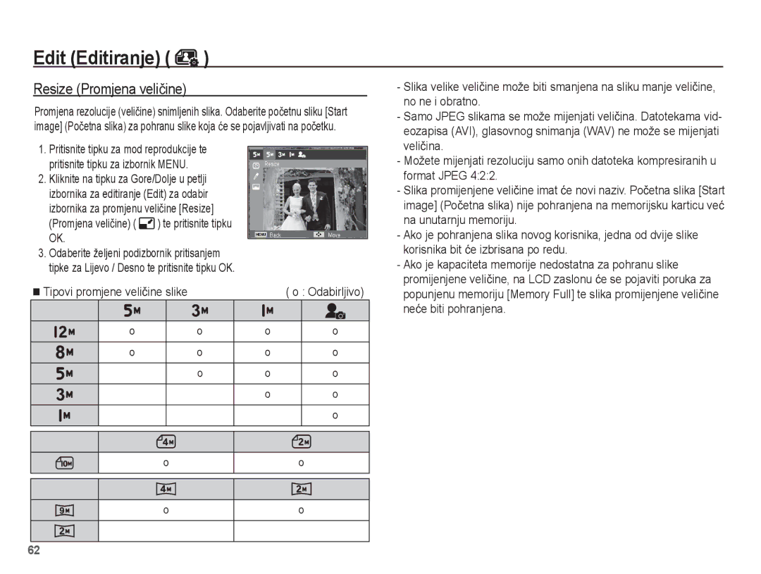 Samsung EC-ES17ZZBAPE3, EC-ES17ZZBAWE3, EC-ES17ZZBASE3, EC-ES17ZZBABE3 manual Edit Editiranje, Resize Promjena veliþine 