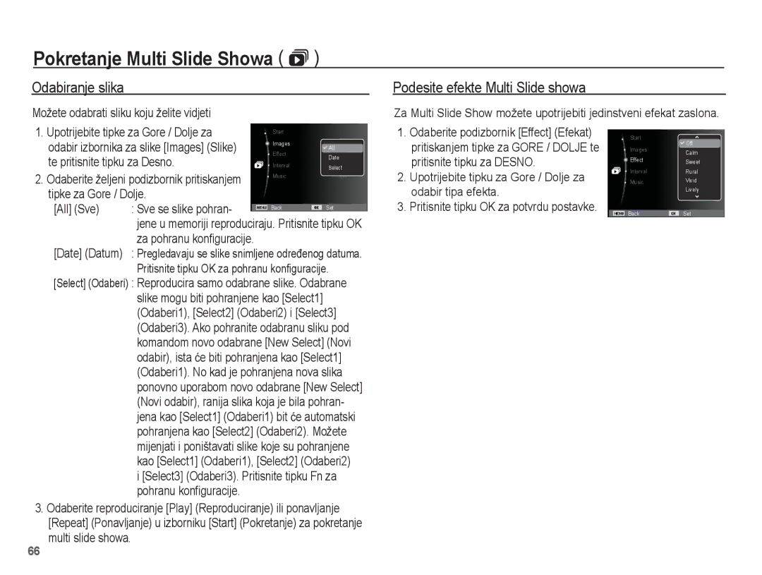 Samsung EC-ES17ZZBAPE3, EC-ES17ZZBAWE3, EC-ES17ZZBASE3, EC-ES17ZZBABE3 Odabiranje slika, Podesite efekte Multi Slide showa 