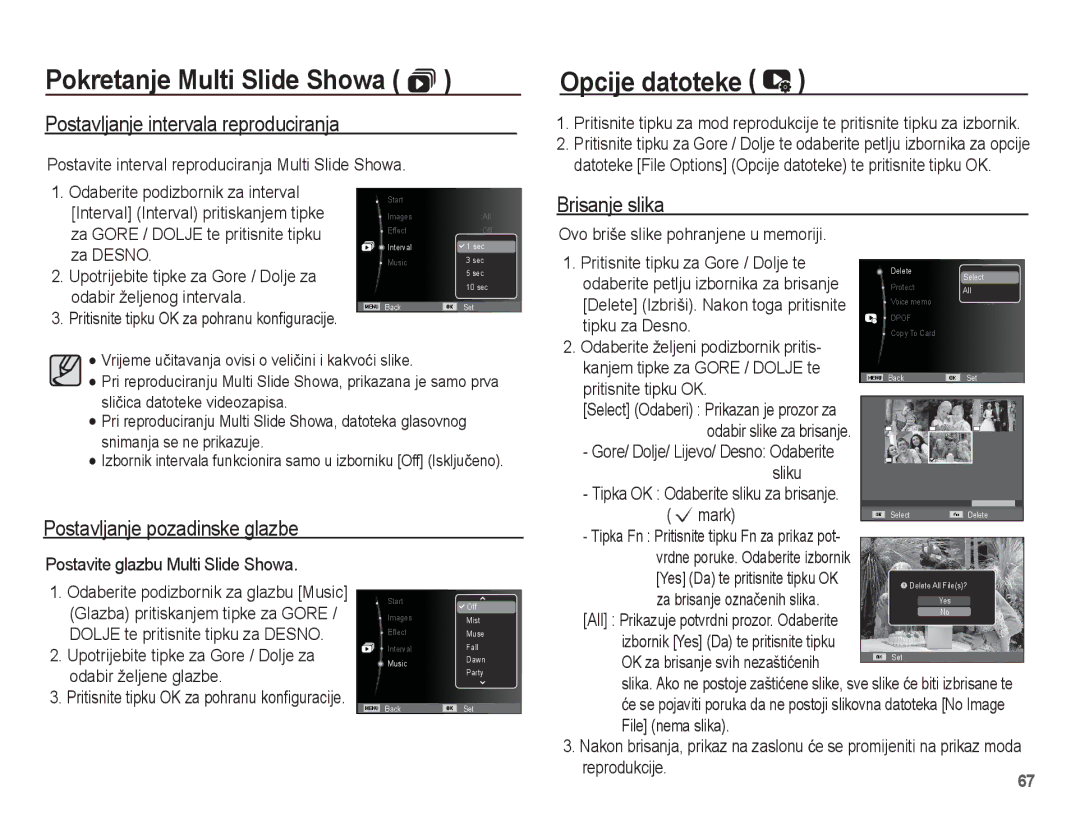 Samsung EC-ES17ZZBAWE3, EC-ES17ZZBASE3 manual Opcije datoteke, Postavljanje intervala reproduciranja, Brisanje slika 