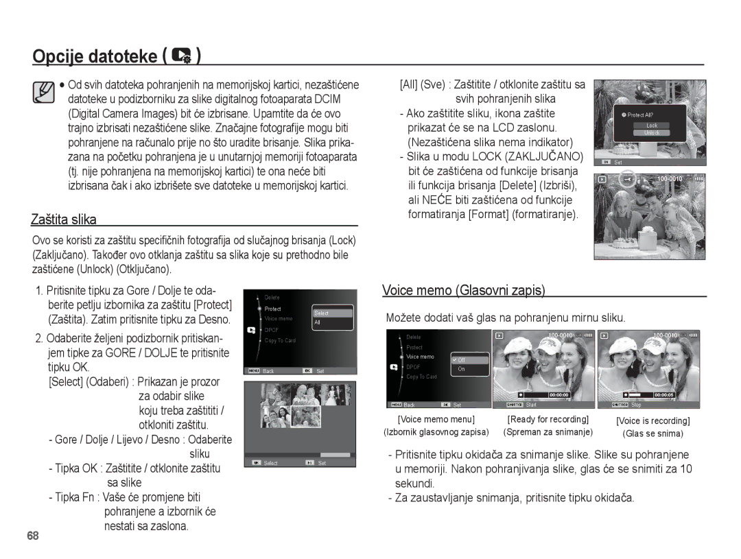 Samsung EC-ES17ZZBASE3, EC-ES17ZZBAWE3, EC-ES17ZZBABE3, EC-ES17ZZBAPE3 manual Zaštita slika, Voice memo Glasovni zapis 