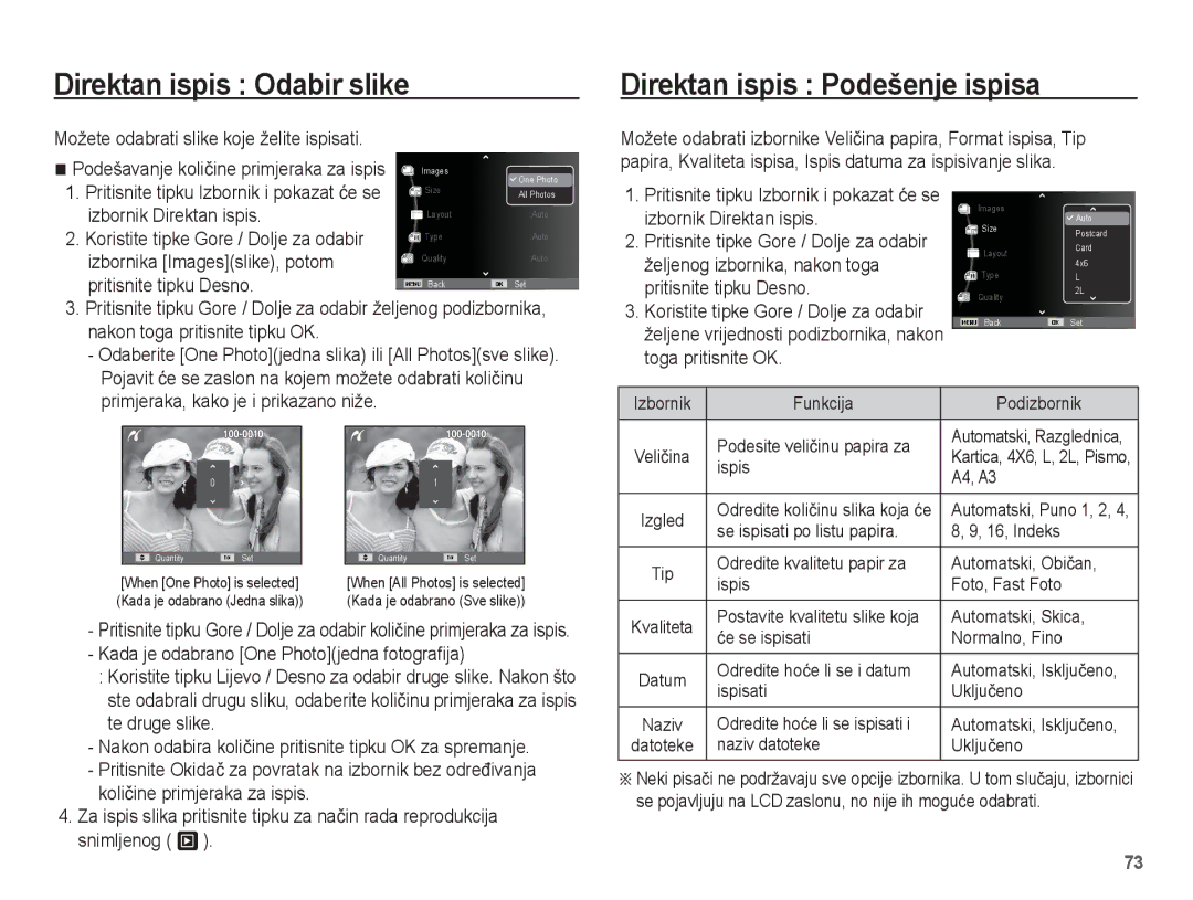 Samsung EC-ES17ZZBABE3, EC-ES17ZZBAWE3, EC-ES17ZZBASE3, EC-ES17ZZBAPE3 manual Direktan ispis Odabir slike 