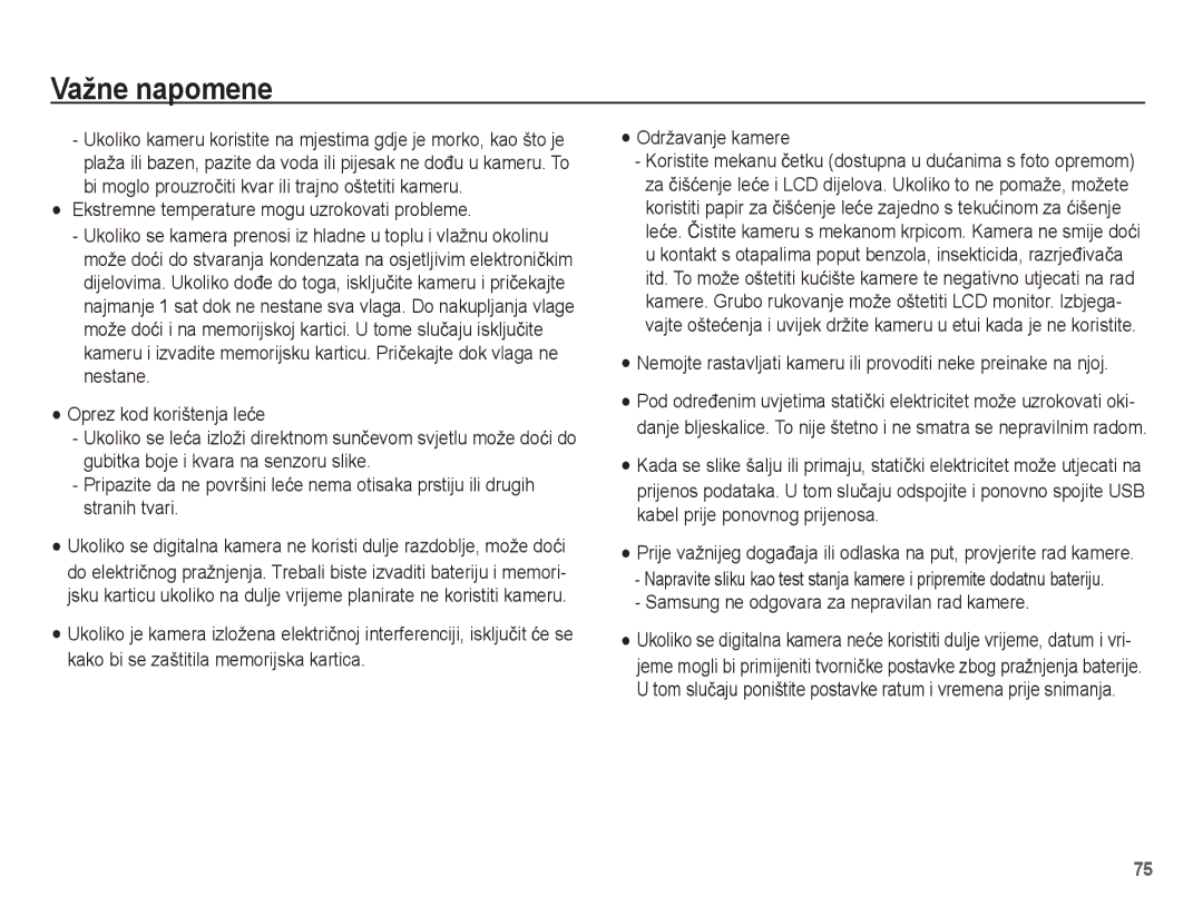 Samsung EC-ES17ZZBAWE3 manual Ekstremne temperature mogu uzrokovati probleme, Samsung ne odgovara za nepravilan rad kamere 