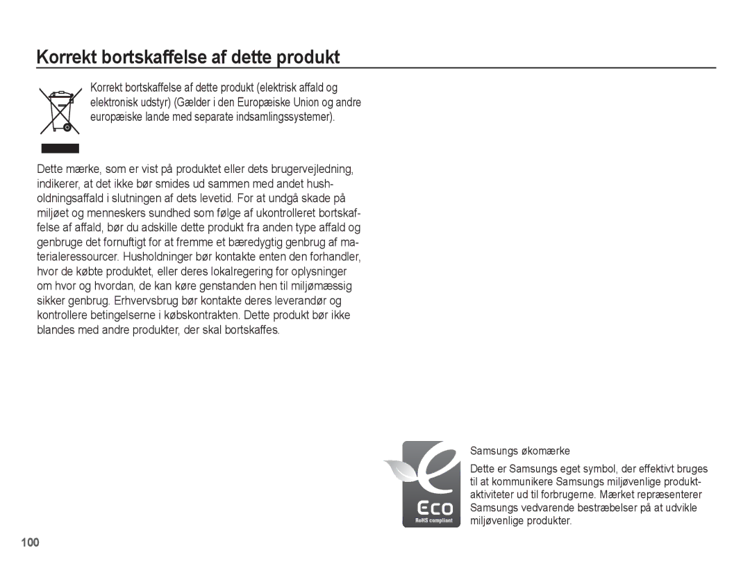 Samsung EC-ES20ZZBASE2, EC-ES20ZZBABE2, EC-ES20ZZBAPE2 manual Korrekt bortskaffelse af dette produkt, Samsungs økomærke 