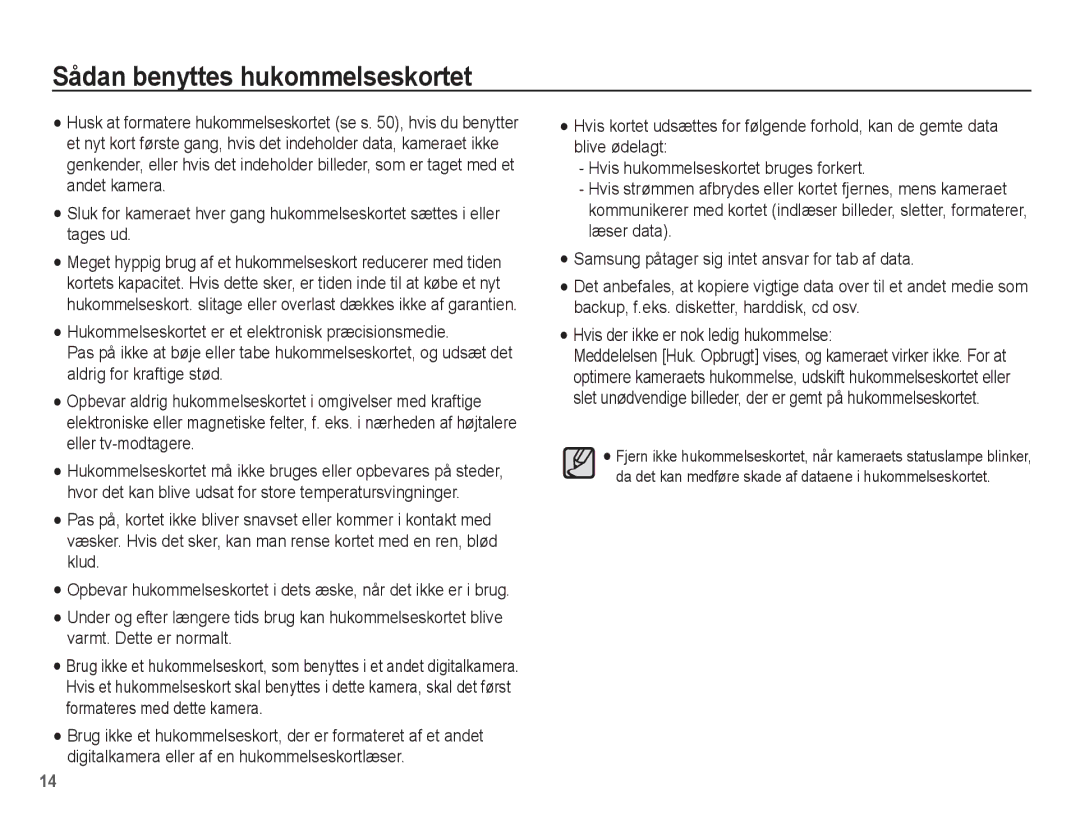 Samsung EC-ES20ZZBAWE2, EC-ES20ZZBABE2, EC-ES20ZZBASE2, EC-ES20ZZBAPE2 manual Sådan benyttes hukommelseskortet 