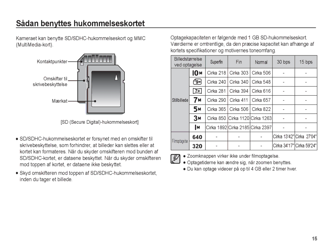 Samsung EC-ES20ZZBABE2, EC-ES20ZZBASE2, EC-ES20ZZBAPE2, EC-ES20ZZBAWE2 manual Kontaktpunkter, Ved optagelse, Stillbillede 