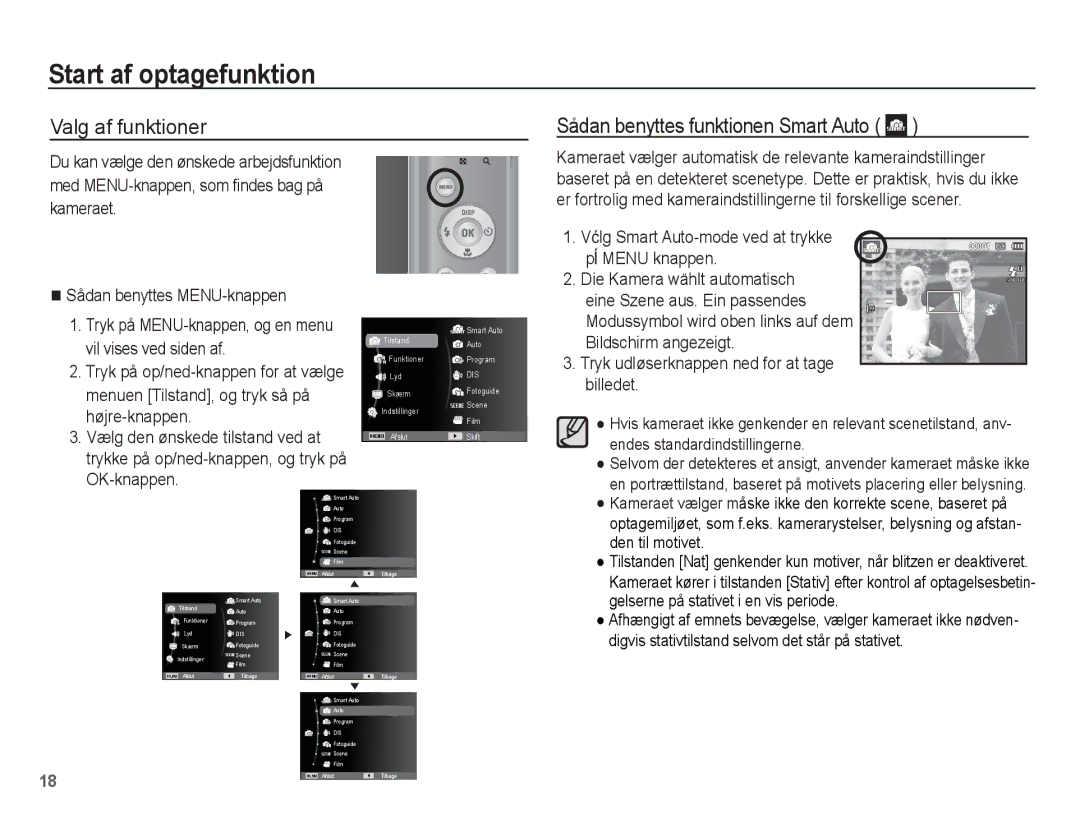 Samsung EC-ES20ZZBAWE2, EC-ES20ZZBABE2 Start af optagefunktion, Valg af funktioner Sådan benyttes funktionen Smart Auto 