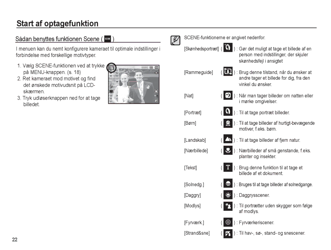 Samsung EC-ES20ZZBAWE2, EC-ES20ZZBABE2, EC-ES20ZZBASE2, EC-ES20ZZBAPE2 manual Sådan benyttes funktionen Scene 