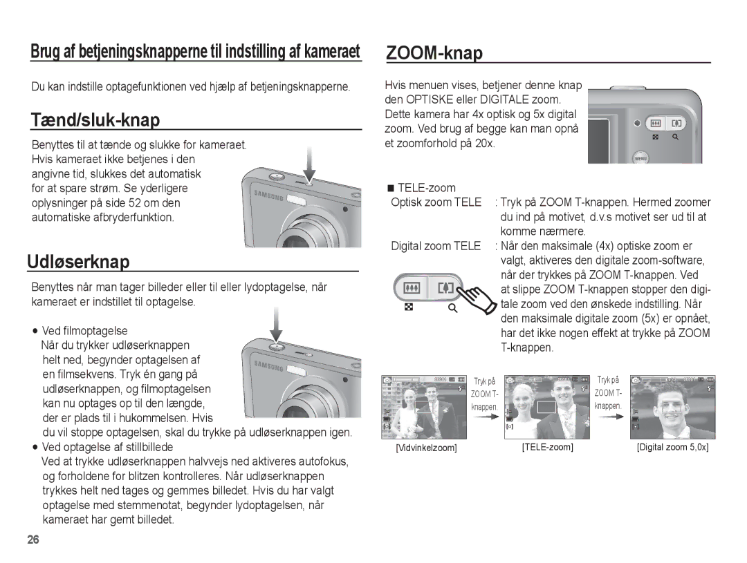 Samsung EC-ES20ZZBAWE2, EC-ES20ZZBABE2, EC-ES20ZZBASE2 Tænd/sluk-knap, Udløserknap, ZOOM-knap, Digital zoom Tele, Knappen 