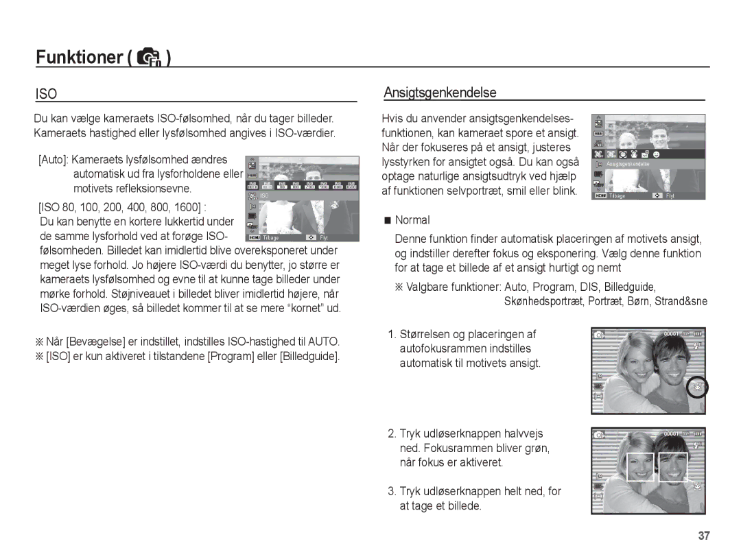 Samsung EC-ES20ZZBAPE2, EC-ES20ZZBABE2, EC-ES20ZZBASE2, EC-ES20ZZBAWE2 manual Ansigtsgenkendelse 