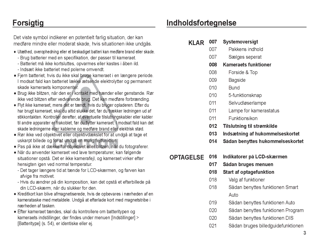 Samsung EC-ES20ZZBABE2, EC-ES20ZZBASE2, EC-ES20ZZBAPE2 Forsigtig Indholdsfortegnelse, Pakkens indhold 007 Sælges seperat 