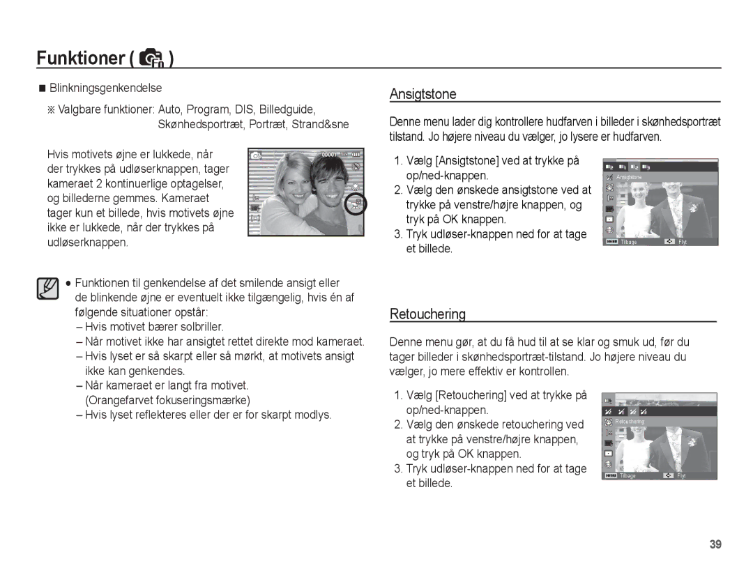 Samsung EC-ES20ZZBABE2, EC-ES20ZZBASE2, EC-ES20ZZBAPE2, EC-ES20ZZBAWE2 manual Ansigtstone, Retouchering 