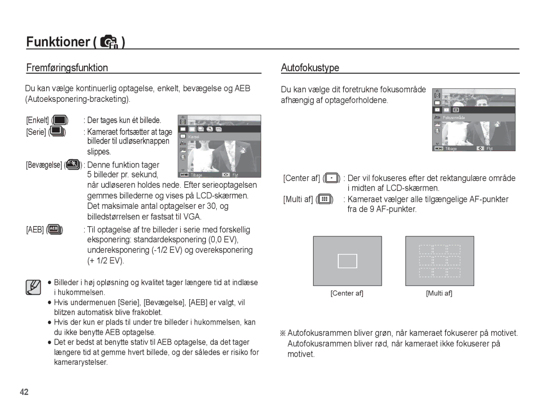 Samsung EC-ES20ZZBAWE2, EC-ES20ZZBABE2, EC-ES20ZZBASE2, EC-ES20ZZBAPE2 manual Fremføringsfunktion, Autofokustype 