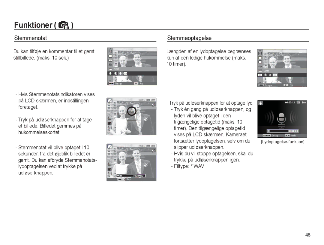 Samsung EC-ES20ZZBAPE2, EC-ES20ZZBABE2, EC-ES20ZZBASE2, EC-ES20ZZBAWE2 manual Stemmenotat Stemmeoptagelse, Filtype *.WAV 