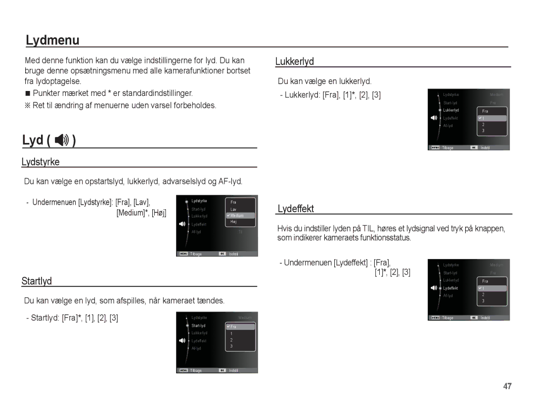 Samsung EC-ES20ZZBABE2, EC-ES20ZZBASE2, EC-ES20ZZBAPE2, EC-ES20ZZBAWE2 manual Lydmenu 