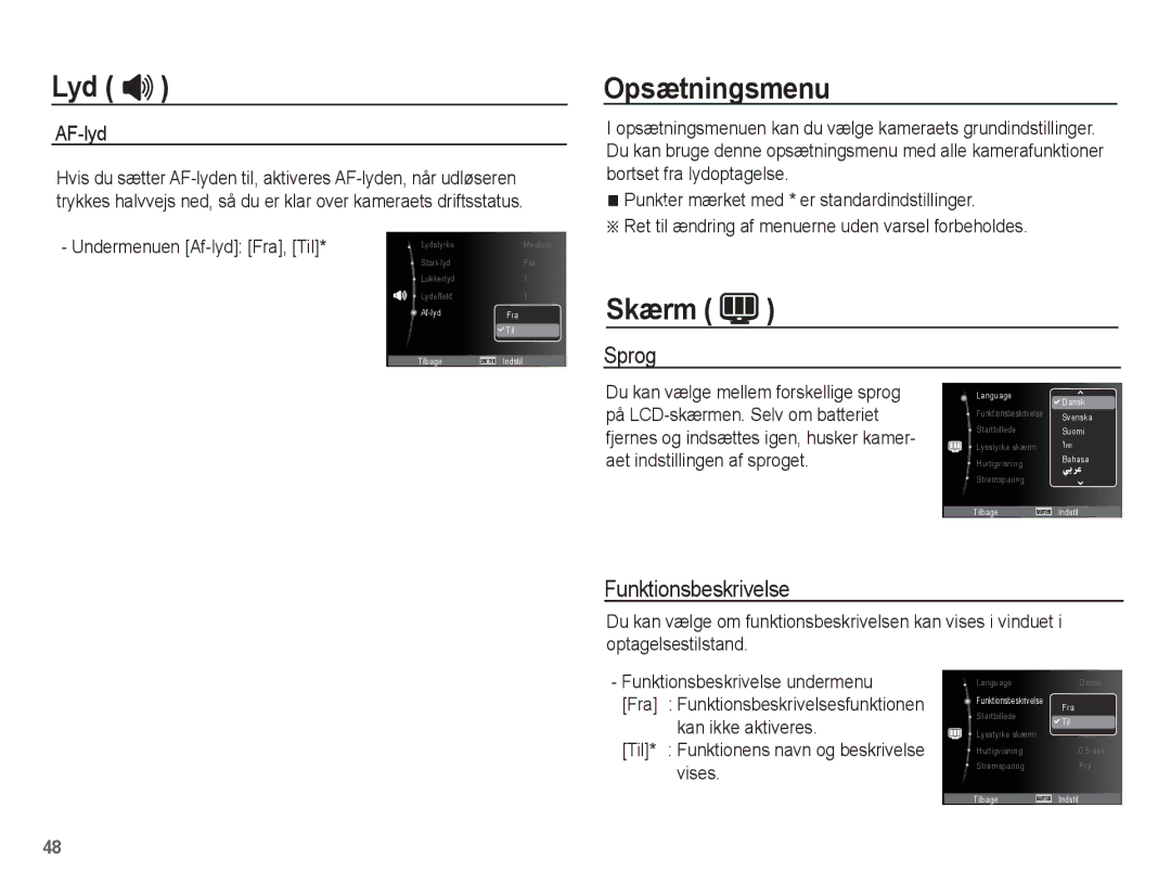 Samsung EC-ES20ZZBASE2, EC-ES20ZZBABE2, EC-ES20ZZBAPE2, EC-ES20ZZBAWE2 Opsætningsmenu, Skærm, Sprog, Funktionsbeskrivelse 