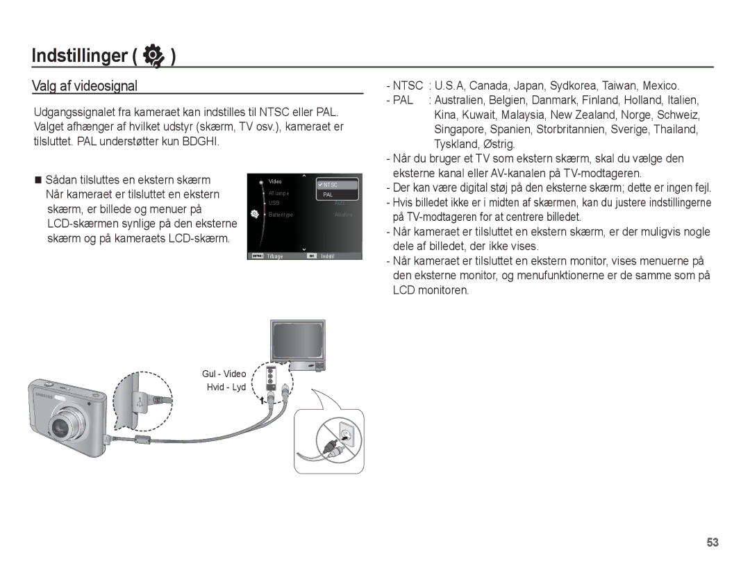 Samsung EC-ES20ZZBAPE2, EC-ES20ZZBABE2, EC-ES20ZZBASE2, EC-ES20ZZBAWE2 manual Valg af videosignal 