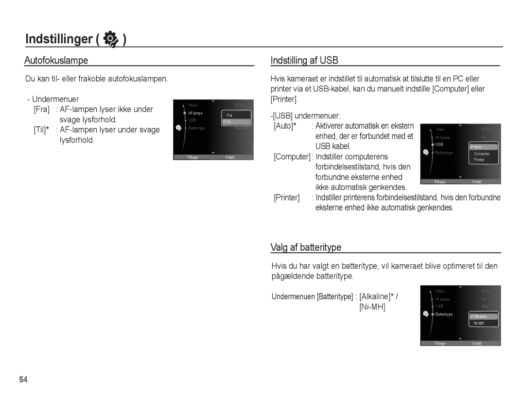 Samsung EC-ES20ZZBAWE2, EC-ES20ZZBABE2, EC-ES20ZZBASE2 manual Autofokuslampe Indstilling af USB, Valg af batteritype 