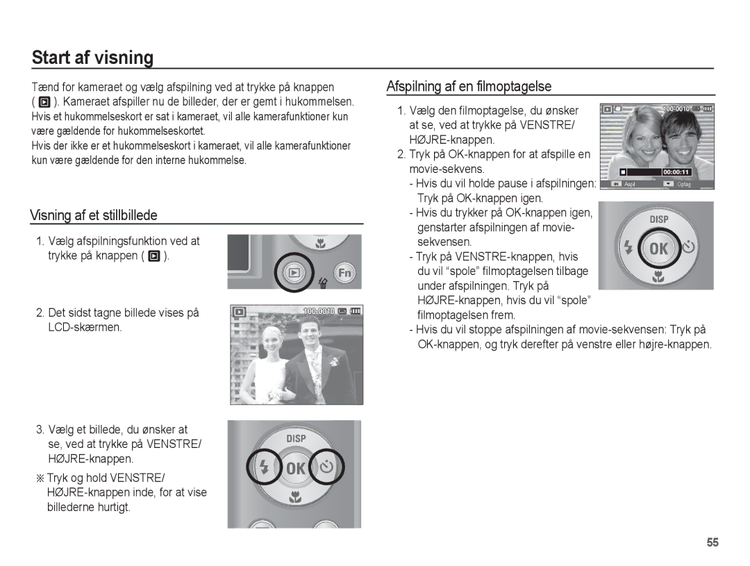 Samsung EC-ES20ZZBABE2, EC-ES20ZZBASE2 manual Start af visning, Visning af et stillbillede, Afspilning af en filmoptagelse 