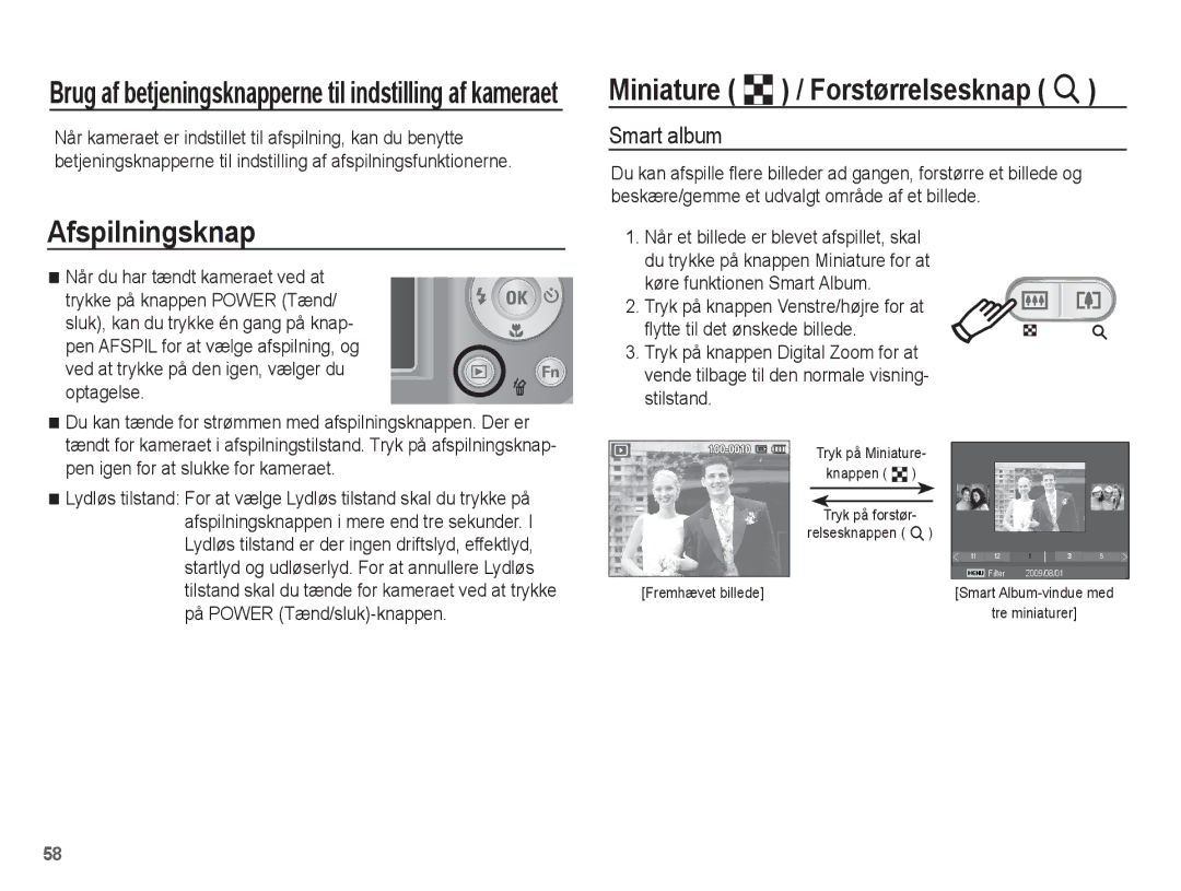 Samsung EC-ES20ZZBAWE2, EC-ES20ZZBABE2, EC-ES20ZZBASE2 manual Afspilningsknap, Miniature º / Forstørrelsesknap í, Smart album 