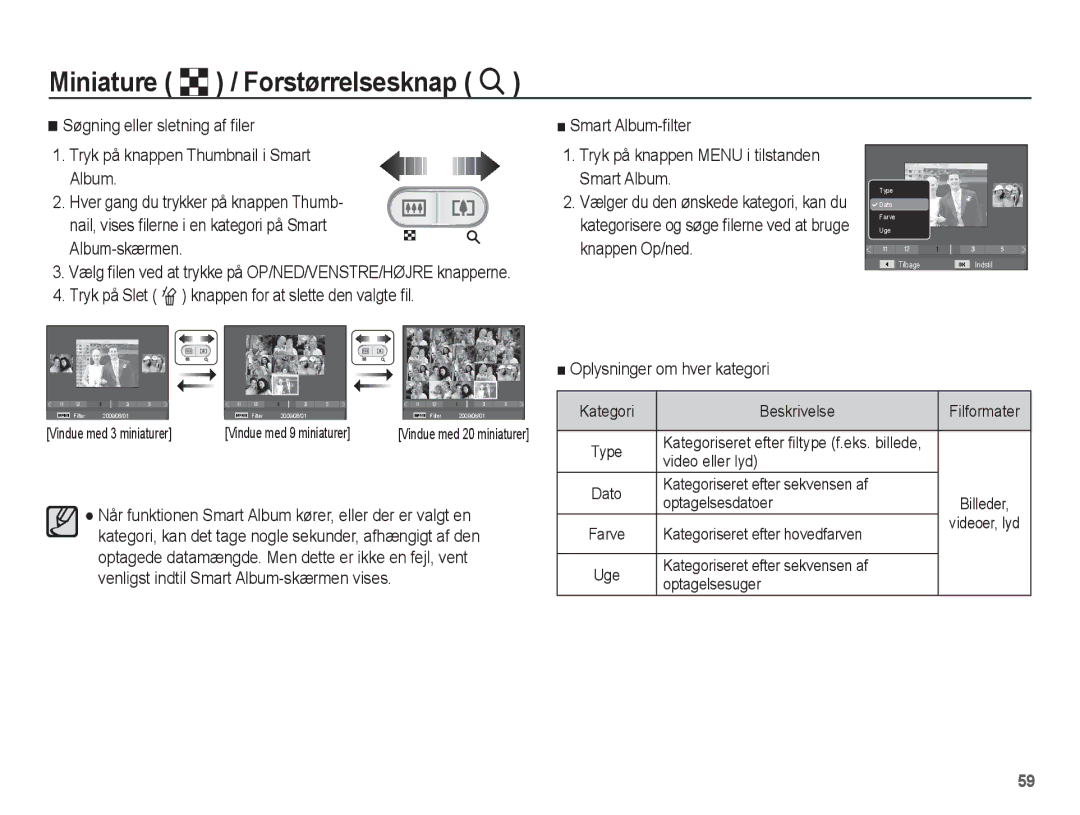 Samsung EC-ES20ZZBABE2, EC-ES20ZZBASE2, EC-ES20ZZBAPE2, EC-ES20ZZBAWE2 manual Oplysninger om hver kategori 