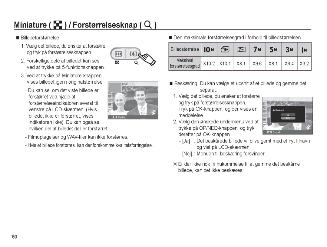 Samsung EC-ES20ZZBASE2 manual Billedeforstørrelse, Ved at trykke på Miniature-knappen, Tryk på OK-knappen, og der vises en 