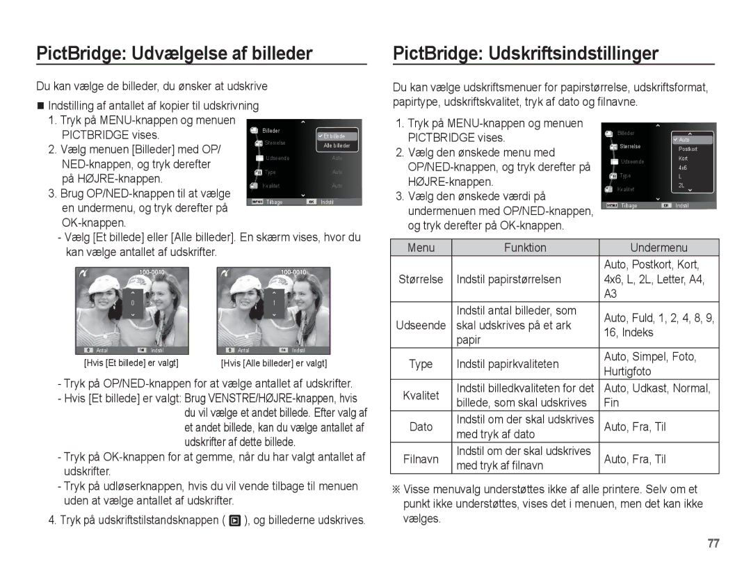 Samsung EC-ES20ZZBAPE2, EC-ES20ZZBABE2, EC-ES20ZZBASE2 PictBridge Udvælgelse af billeder, PictBridge Udskriftsindstillinger 