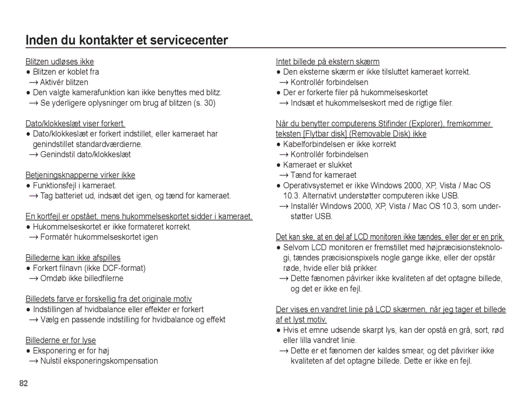 Samsung EC-ES20ZZBAWE2, EC-ES20ZZBABE2, EC-ES20ZZBASE2 manual Blitzen udløses ikke Blitzen er koblet fra Aktivér blitzen 