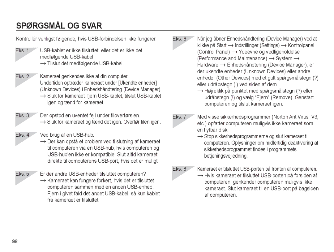 Samsung EC-ES20ZZBAWE2 manual Eks Ved brug af en USB-hub, Control Panel Ydeevne og vedligeholdelse, System, Hardware 