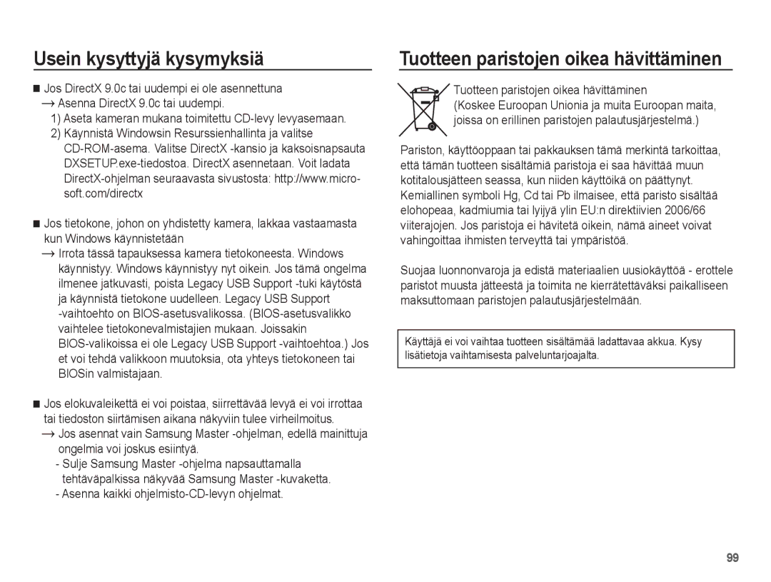 Samsung EC-ES20ZZBABE2, EC-ES20ZZBASE2 Tuotteen paristojen oikea hävittäminen, Asenna kaikki ohjelmisto-CD-levyn ohjelmat 