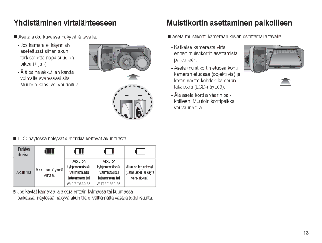 Samsung EC-ES20ZZBAPE2, EC-ES20ZZBABE2, EC-ES20ZZBASE2 manual Muistikortin asettaminen paikoilleen, Oikea + ja, Akun tila 