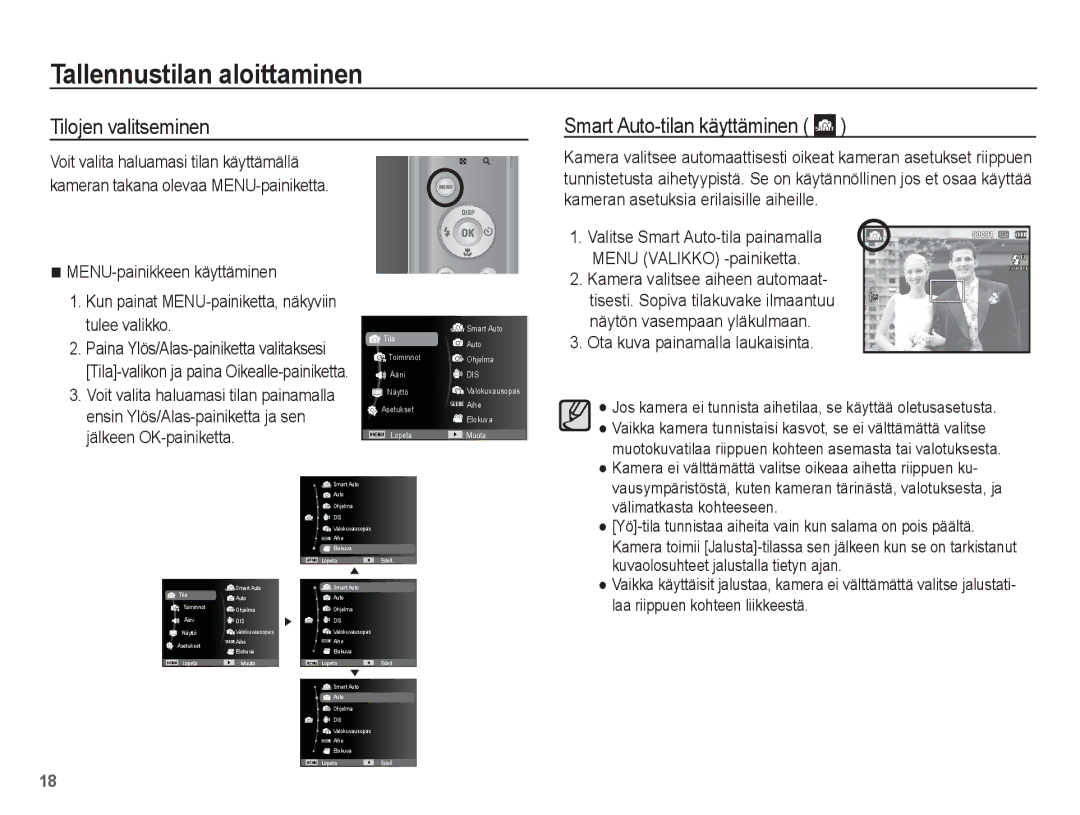 Samsung EC-ES20ZZBAWE2, EC-ES20ZZBABE2 manual Tallennustilan aloittaminen, Tilojen valitseminen Smart Auto-tilan käyttäminen 