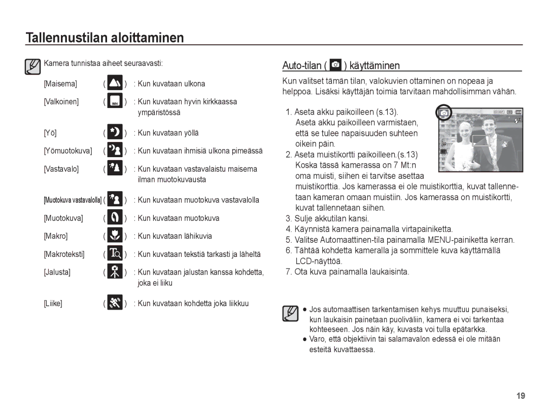 Samsung EC-ES20ZZBABE2, EC-ES20ZZBASE2 manual Auto-tilan käyttäminen, Oikein päin . Aseta muistikortti paikoilleen.s.13 