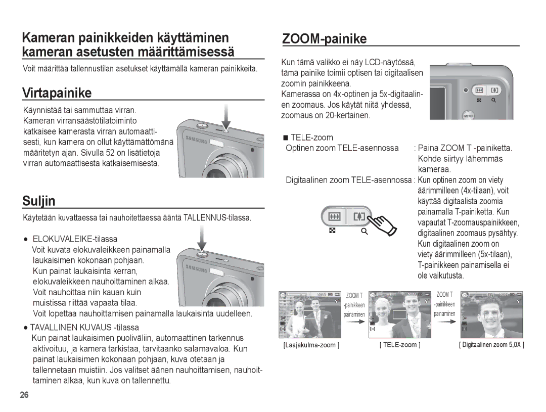 Samsung EC-ES20ZZBAWE2, EC-ES20ZZBABE2, EC-ES20ZZBASE2, EC-ES20ZZBAPE2 manual Virtapainike, Suljin, ZOOM-painike 