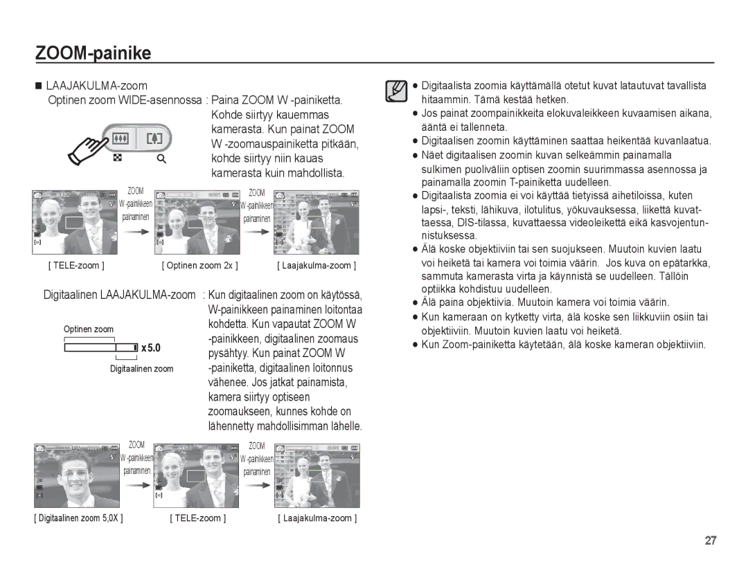 Samsung EC-ES20ZZBABE2, EC-ES20ZZBASE2, EC-ES20ZZBAPE2, EC-ES20ZZBAWE2 manual TELE-zoom Optinen zoom 