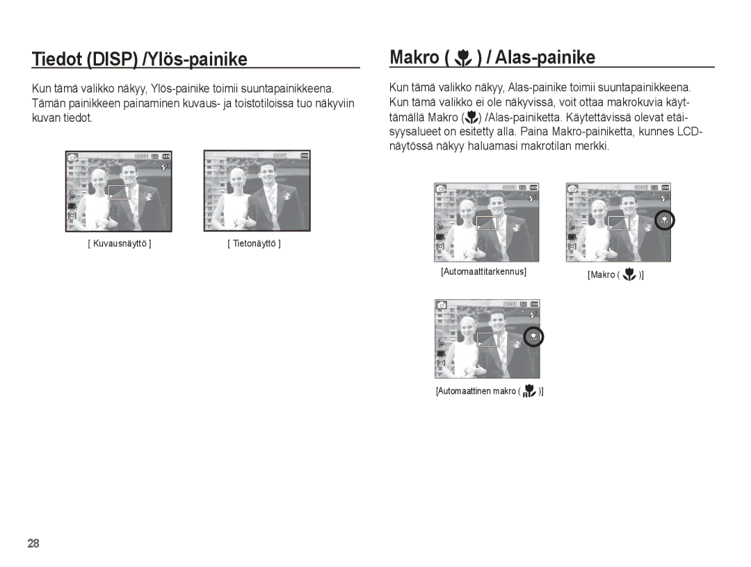 Samsung EC-ES20ZZBASE2, EC-ES20ZZBABE2, EC-ES20ZZBAPE2, EC-ES20ZZBAWE2 manual Tiedot Disp /Ylös-painike, Makro / Alas-painike 