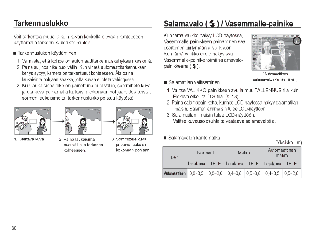 Samsung EC-ES20ZZBAWE2, EC-ES20ZZBABE2 manual Tarkennuslukko Salamavalo / Vasemmalle-painike, Salamatilan valitseminen 