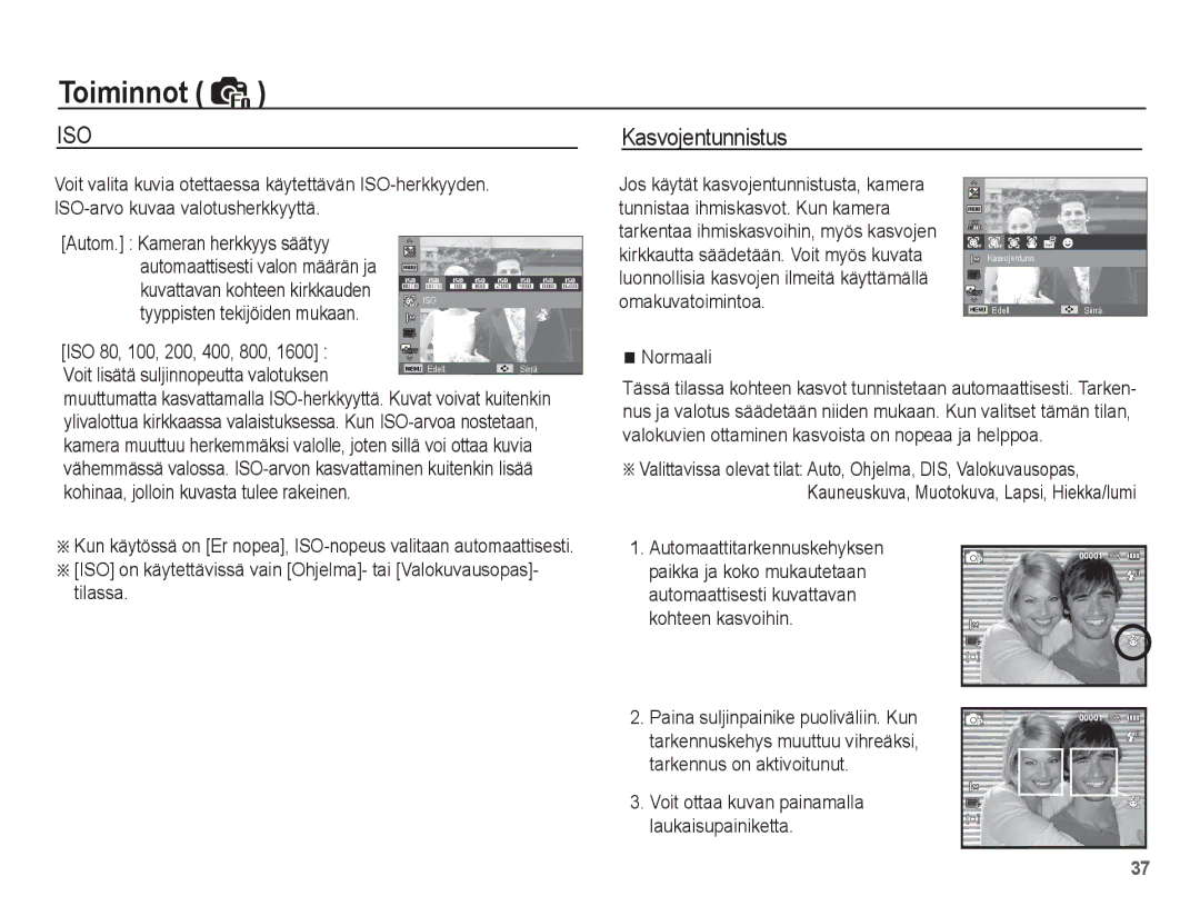 Samsung EC-ES20ZZBAPE2 manual Kasvojentunnistus, Kuvattavan kohteen kirkkauden, Tyyppisten tekijöiden mukaan, Normaali 