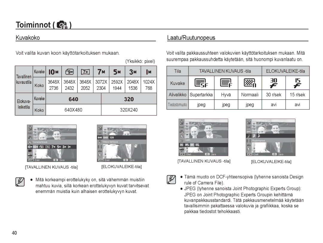 Samsung EC-ES20ZZBASE2, EC-ES20ZZBABE2 manual Kuvakoko Laatu/Ruutunopeus, Voit valita kuvan koon käyttötarkoituksen mukaan 