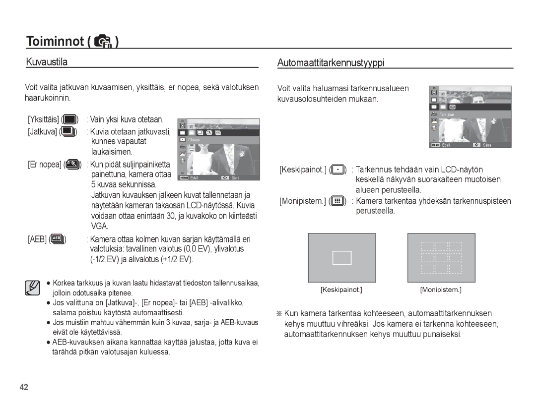 Samsung EC-ES20ZZBAWE2, EC-ES20ZZBABE2, EC-ES20ZZBASE2, EC-ES20ZZBAPE2 manual Kuvaustila Automaattitarkennustyyppi 