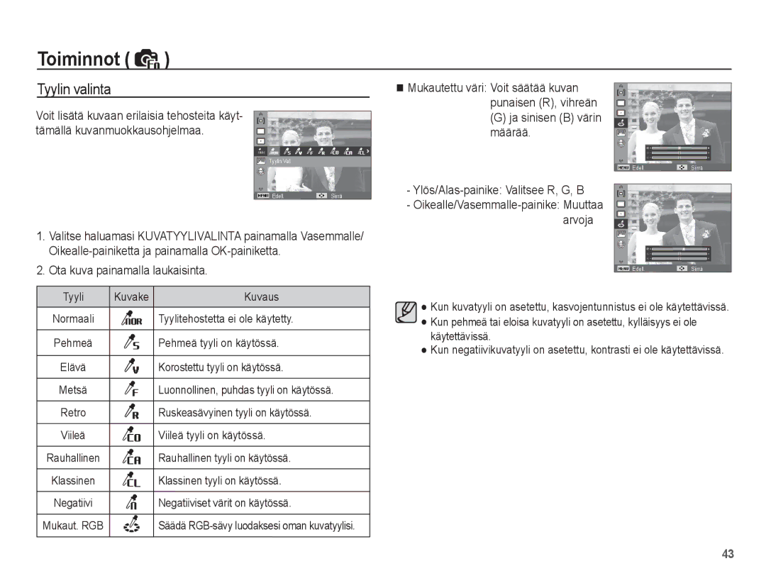 Samsung EC-ES20ZZBABE2, EC-ES20ZZBASE2, EC-ES20ZZBAPE2, EC-ES20ZZBAWE2 manual Tyylin valinta 