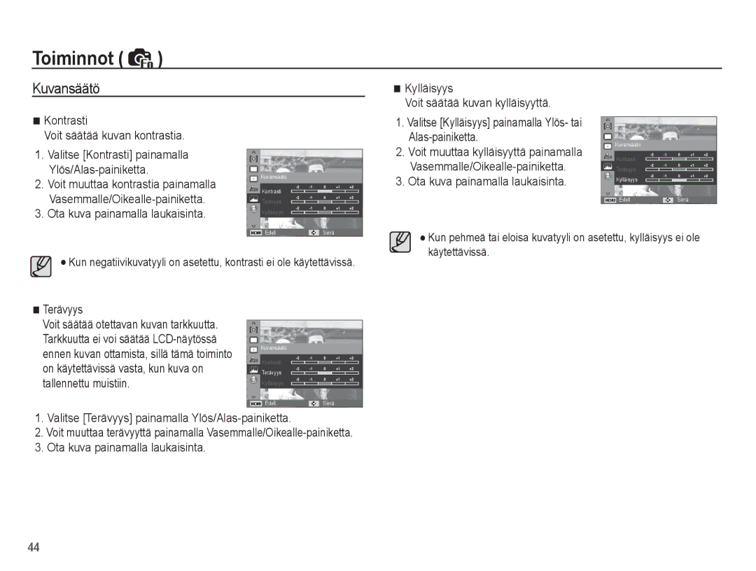 Samsung EC-ES20ZZBASE2, EC-ES20ZZBABE2 manual Kuvansäätö, Terävyys, Valitse Kylläisyys painamalla Ylös- tai Alas-painiketta 