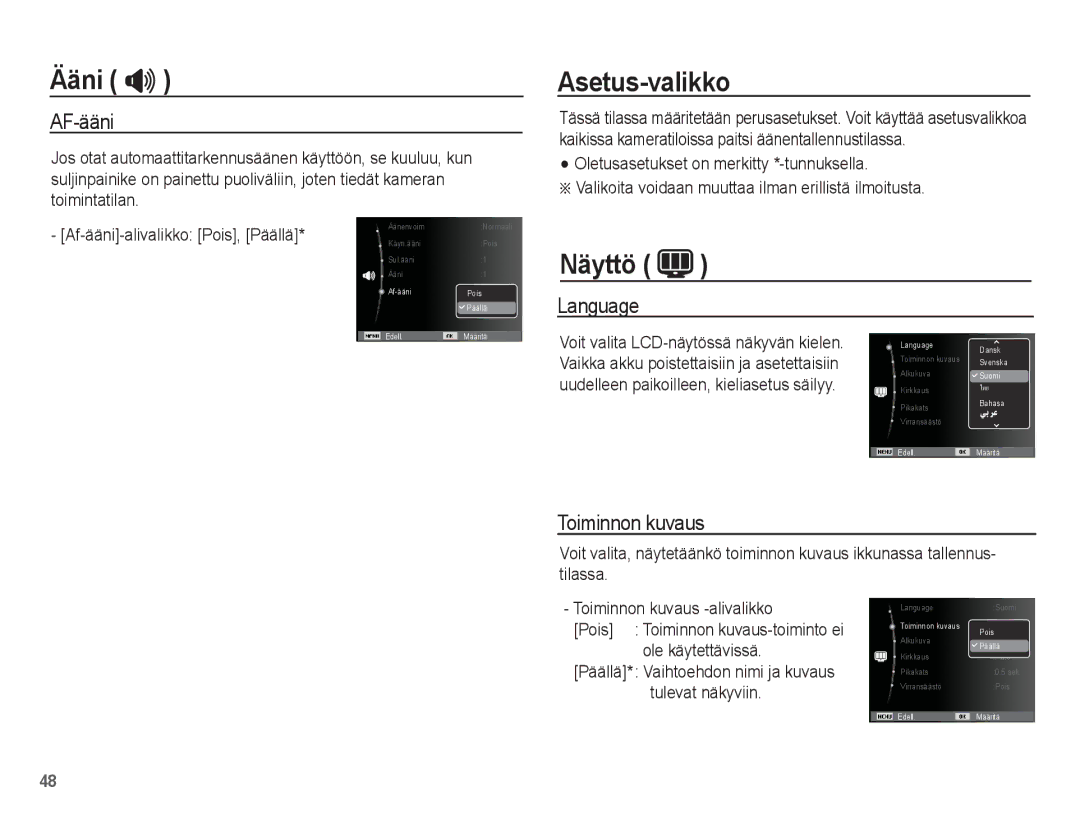 Samsung EC-ES20ZZBASE2, EC-ES20ZZBABE2, EC-ES20ZZBAPE2 manual Asetus-valikko, Näyttö, AF-ääni, Language, Toiminnon kuvaus 