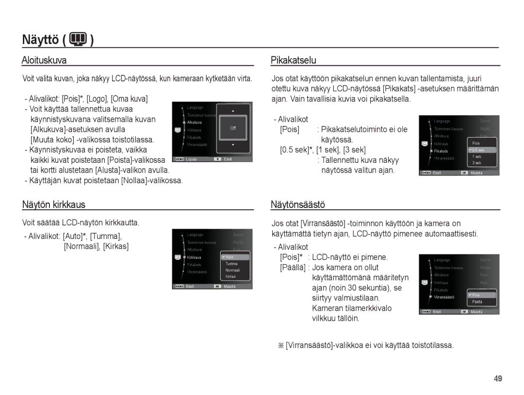 Samsung EC-ES20ZZBAPE2, EC-ES20ZZBABE2, EC-ES20ZZBASE2 manual Aloituskuva, Pikakatselu, Näytön kirkkaus, Näytönsäästö 