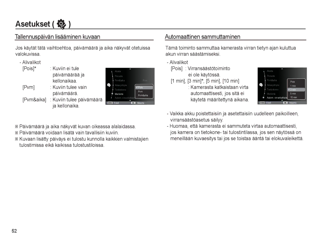 Samsung EC-ES20ZZBASE2, EC-ES20ZZBABE2, EC-ES20ZZBAPE2 manual Tallennuspäivän lisääminen kuvaan, Automaattinen sammuttaminen 