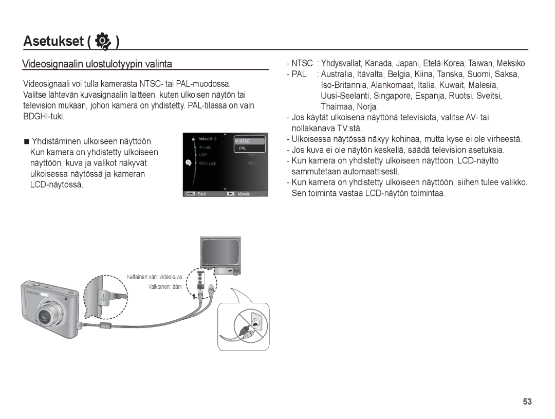 Samsung EC-ES20ZZBAPE2 manual Videosignaalin ulostulotyypin valinta, Nollakanava TVstä, Sammutetaan automaattisesti 