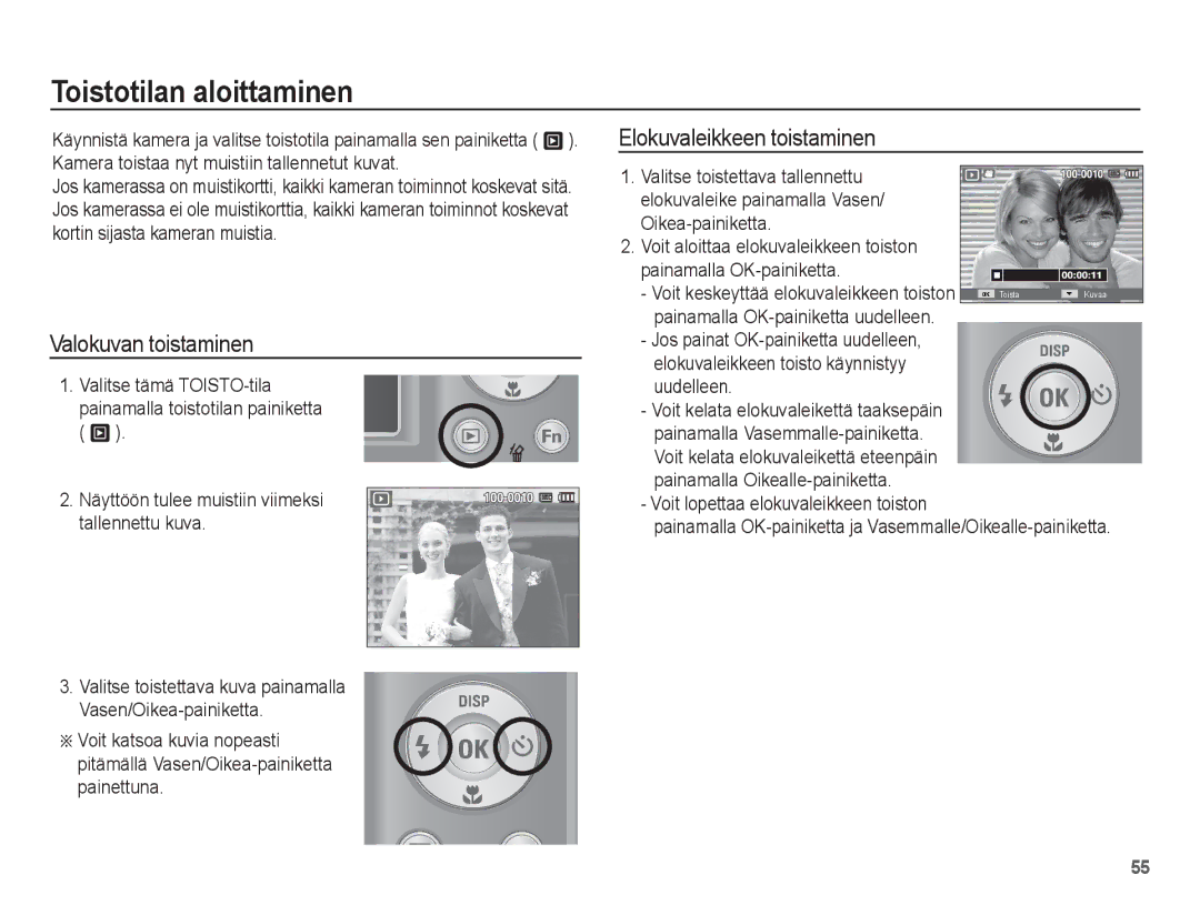 Samsung EC-ES20ZZBABE2, EC-ES20ZZBASE2 manual Toistotilan aloittaminen, Valokuvan toistaminen, Elokuvaleikkeen toistaminen 