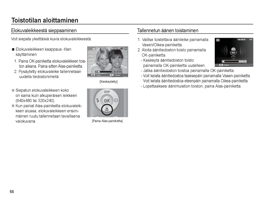 Samsung EC-ES20ZZBASE2, EC-ES20ZZBABE2, EC-ES20ZZBAPE2 manual Elokuvaleikkeestä sieppaaminen, Tallennetun äänen toistaminen 