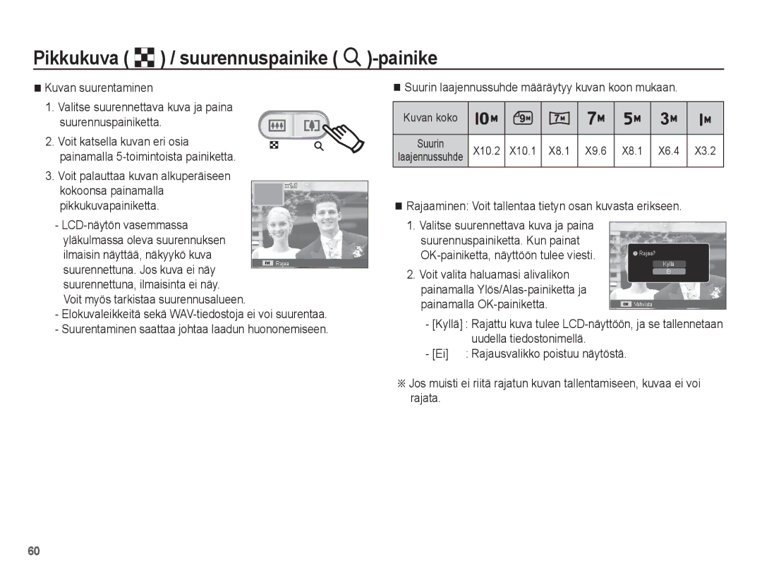 Samsung EC-ES20ZZBASE2, EC-ES20ZZBABE2 Suurin laajennussuhde määräytyy kuvan koon mukaan, Suurennettuna. Jos kuva ei näy 